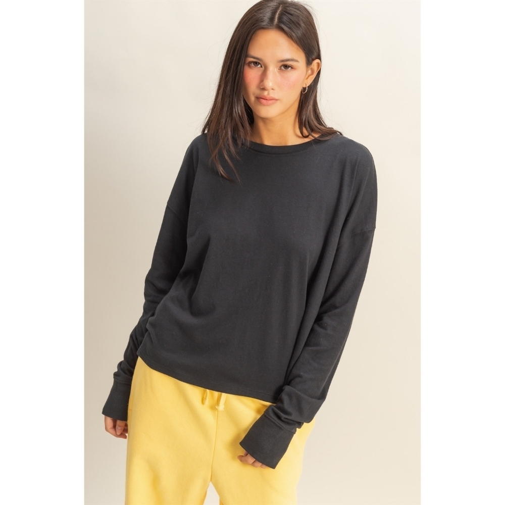Black Cotton Rayon Blend Crew Neck Long Sleeve Tee